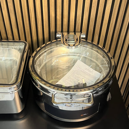 Veermode Electric Dry & Wet Chafing Dish Buffet Warmer Round Silver With Glass Lid