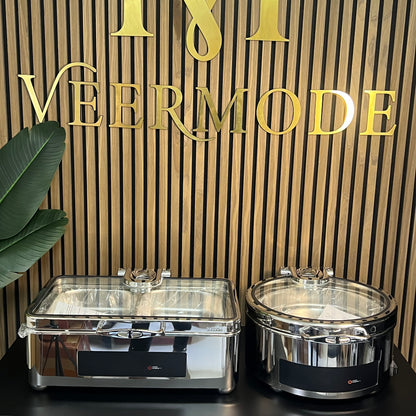 Electric Dry & Wet Chafing Dish Buffet Warmer Rectangle Silver With Glass Lid