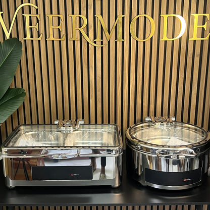 Electric Dry & Wet Chafing Dish Buffet Warmer Rectangle Silver With Glass Lid