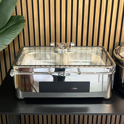 Electric Dry & Wet Chafing Dish Buffet Warmer Rectangle Silver With Glass Lid