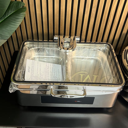 Electric Dry & Wet Chafing Dish Buffet Warmer Rectangle Silver With Glass Lid