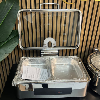 Electric Dry & Wet Chafing Dish Buffet Warmer Rectangle Silver With Glass Lid