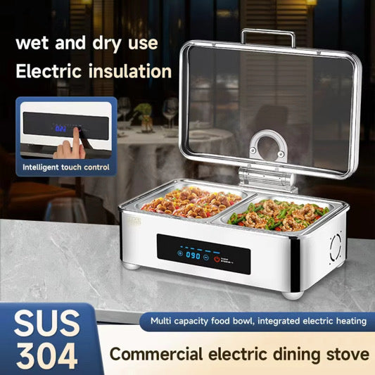 Veermode Electric Dry & Wet Chafing Dish Buffet Warmer Rectangle Silver With Glass Lid