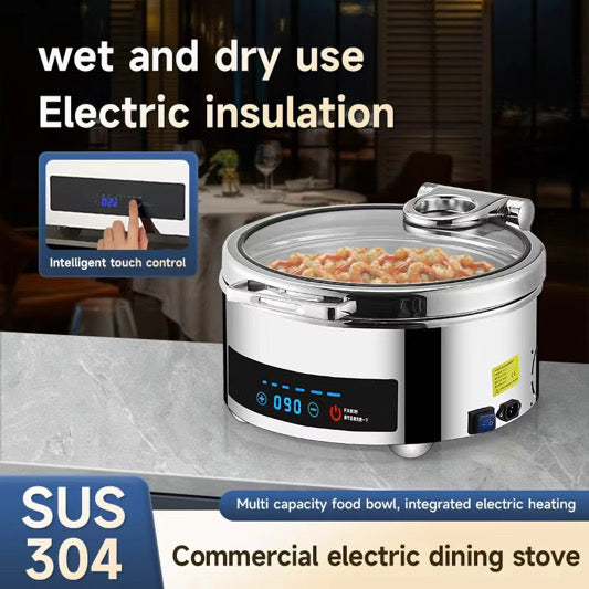 Veermode Electric Dry & Wet Chafing Dish Buffet Warmer Round Silver With Glass Lid