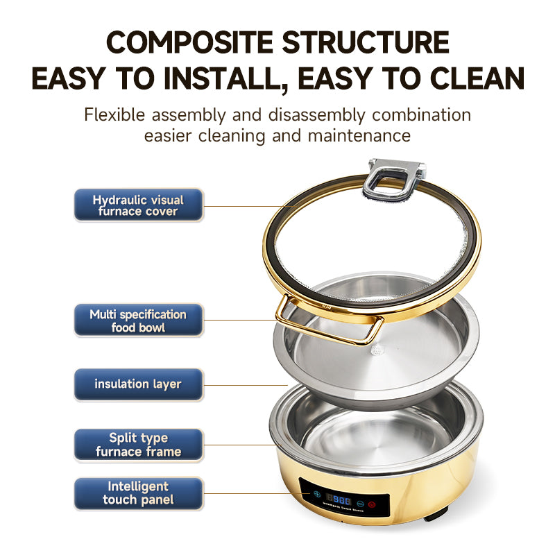 Veermode Electric Chafing Dish Buffet Warmer Round Gold With Glass Lid