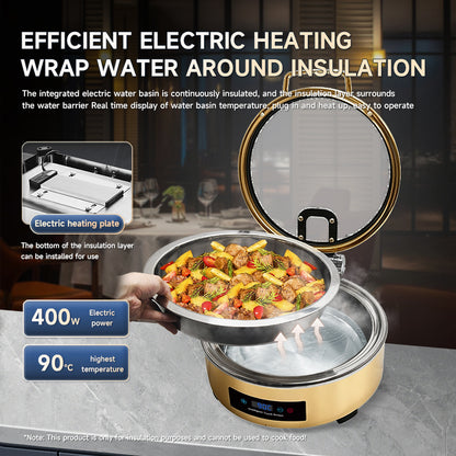 Veermode Electric Chafing Dish Buffet Warmer Round Gold With Glass Lid