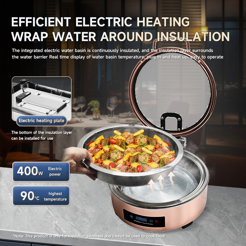 Veermode Electric Chafing Dish Buffet Warmer Round Rose Gold With Glass Lid