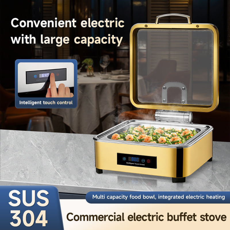 Veermode Electric Chafing Dish Buffet Warmer Square Gold With Glass Lid