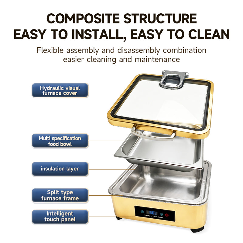 Veermode Electric Chafing Dish Buffet Warmer Square Gold With Glass Lid
