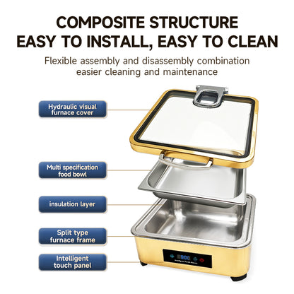 Veermode Electric Chafing Dish Buffet Warmer Square Gold With Glass Lid