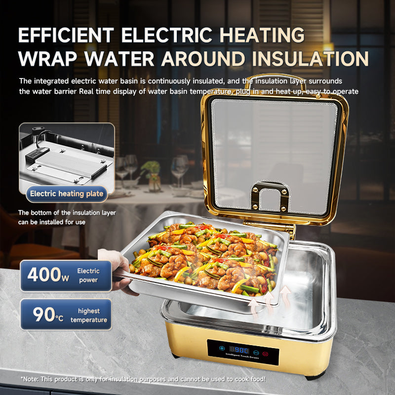 Veermode Electric Chafing Dish Buffet Warmer Square Gold With Glass Lid
