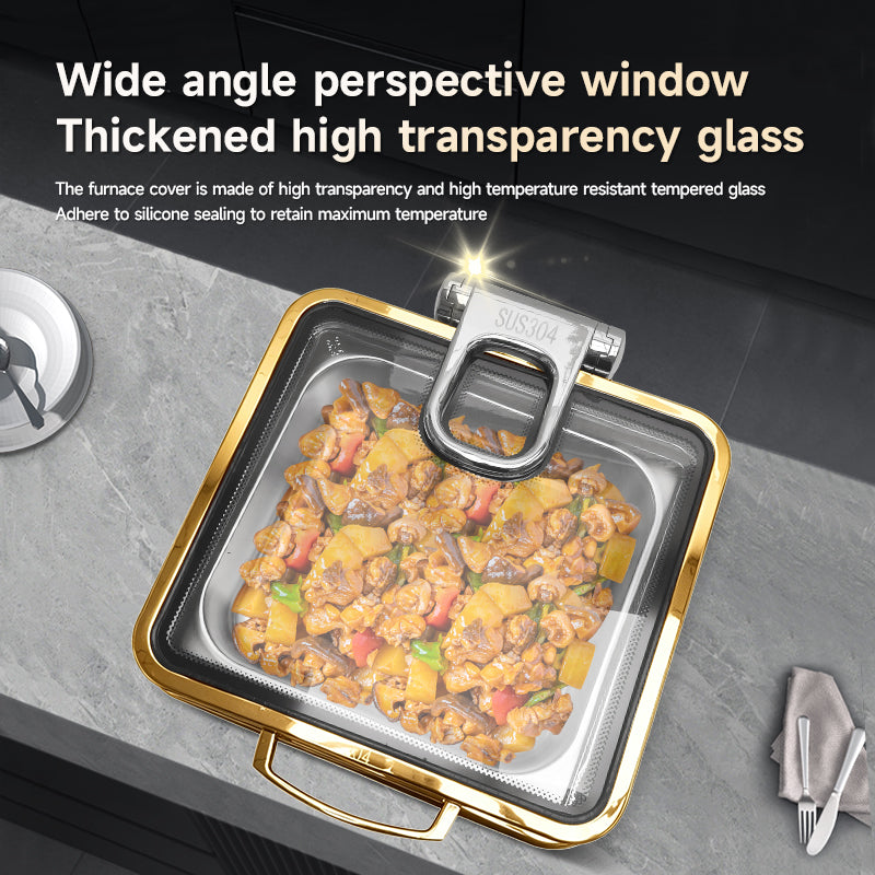 Veermode Electric Chafing Dish Buffet Warmer Square Gold With Glass Lid