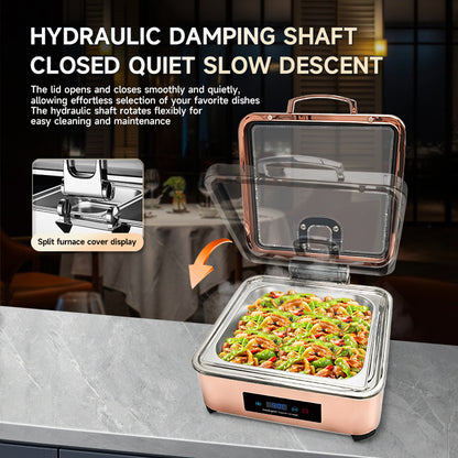 Veermode Electric Chafing Dish Buffet Warmer Square Rose Gold With Glass Lid