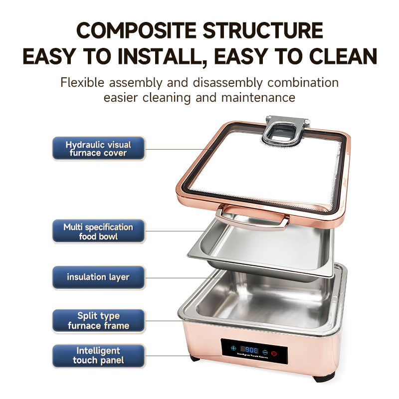Veermode Electric Chafing Dish Buffet Warmer Square Rose Gold With Glass Lid