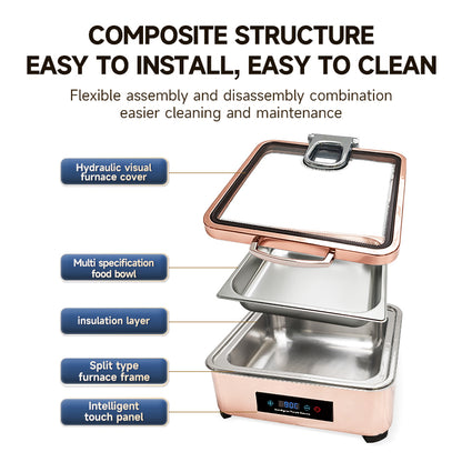 Veermode Electric Chafing Dish Buffet Warmer Square Rose Gold With Glass Lid