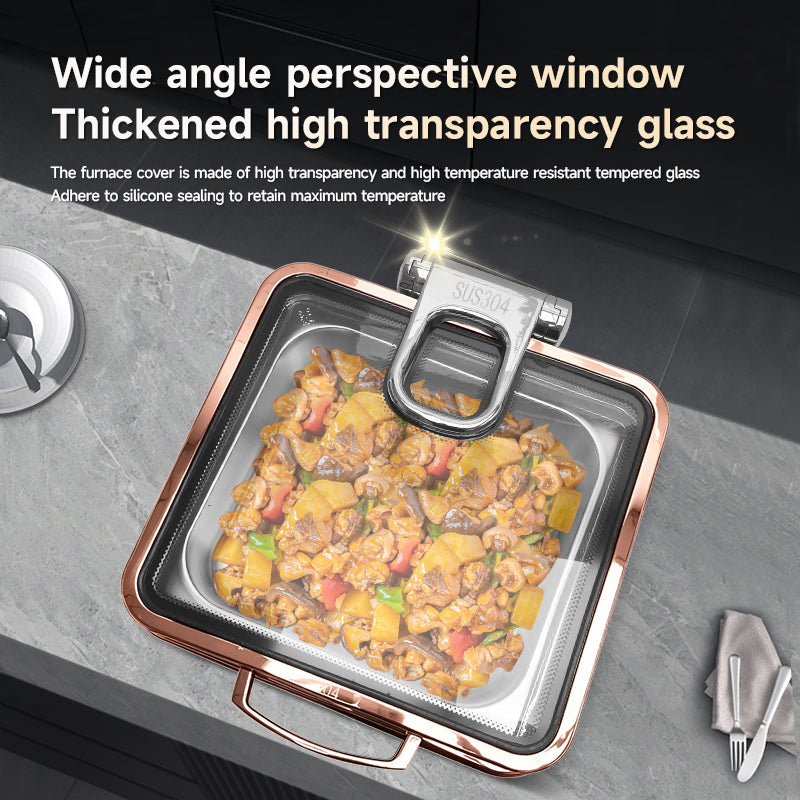Veermode Electric Chafing Dish Buffet Warmer Square Rose Gold With Glass Lid