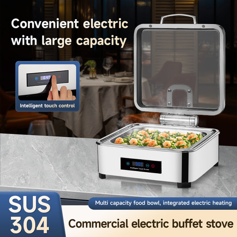 Veermode Electric Chafing Dish Buffet Warmer Square Silver With Glass Lid