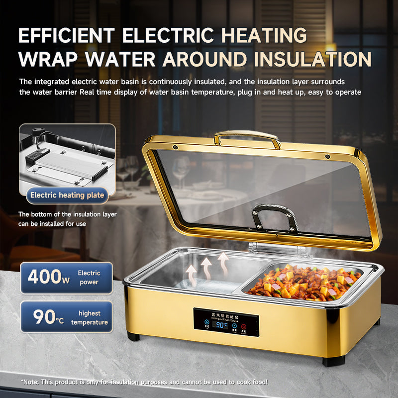 Veermode electric chafing dish buffet warmer rectangle gold finish glass lid