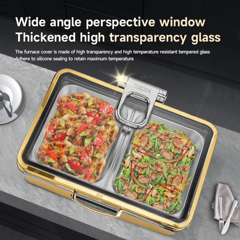 Veermode electric chafing dish buffet warmer rectangle gold finish glass lid