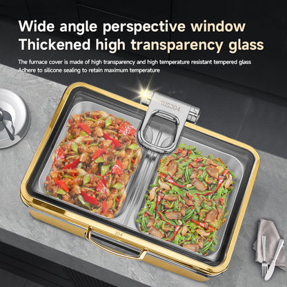Veermode electric chafing dish buffet warmer rectangle gold finish glass lid
