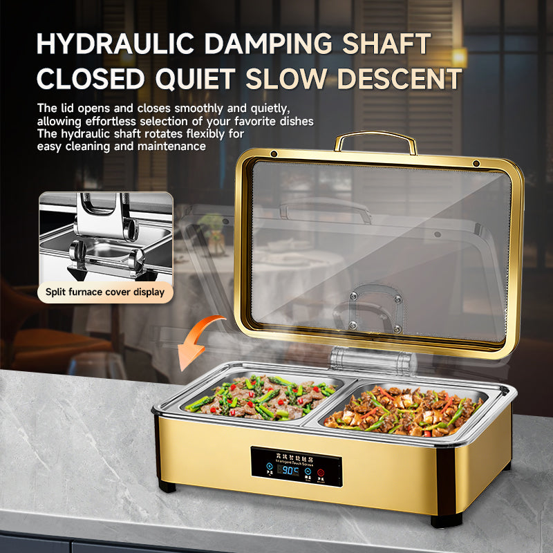 Veermode electric chafing dish buffet warmer rectangle gold finish glass lid