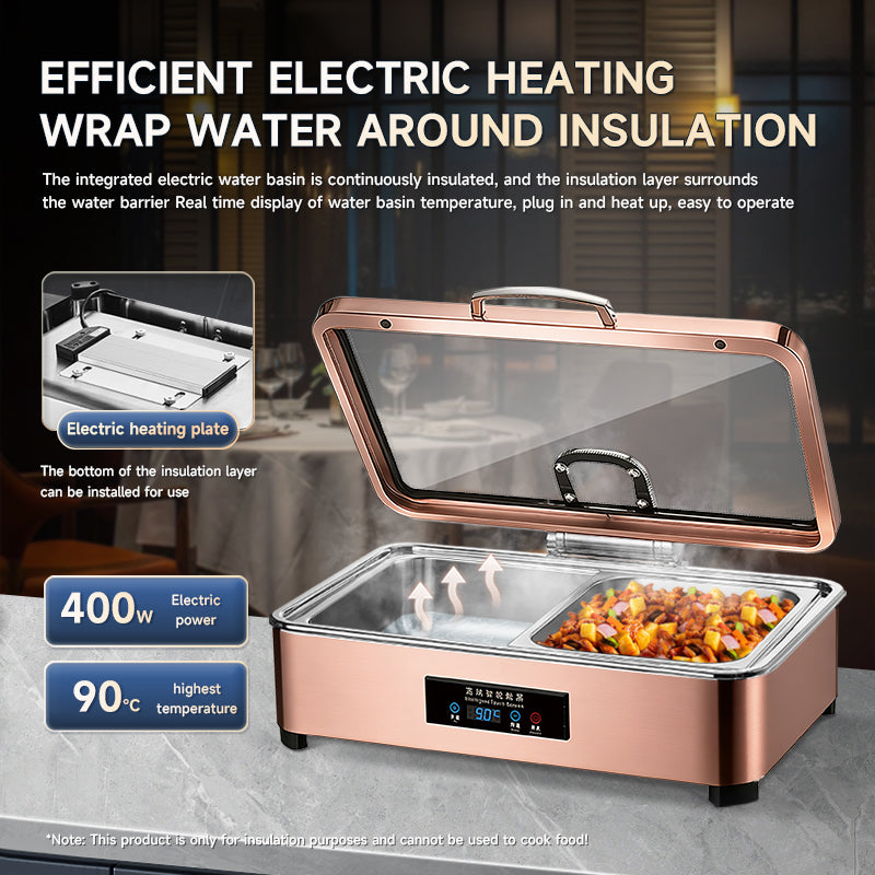 Veermode electric chafing dish buffet warmer rectangle rose gold glass lid