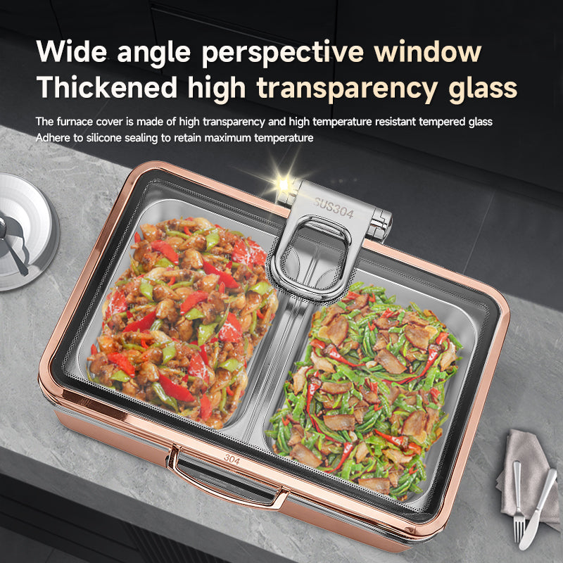 Veermode electric chafing dish buffet warmer rectangle rose gold glass lid