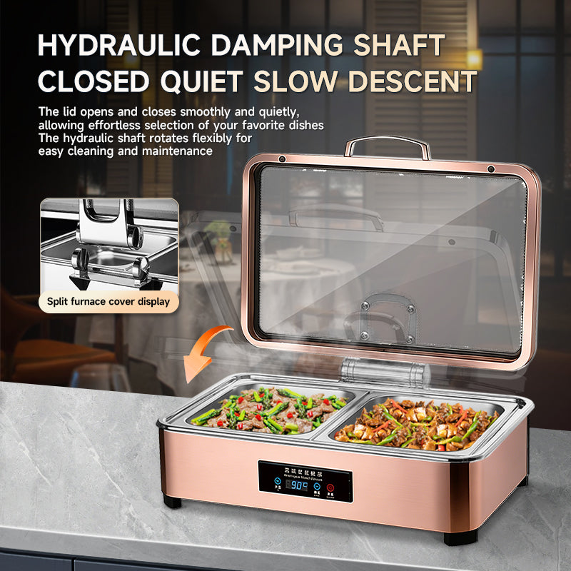 Veermode electric chafing dish buffet warmer rectangle rose gold glass lid