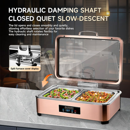 Veermode electric chafing dish buffet warmer rectangle rose gold glass lid