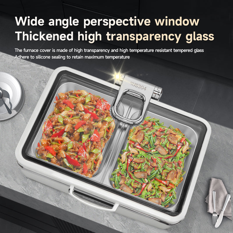 Veermode electric food warmer rectangle white buffet server glass lid